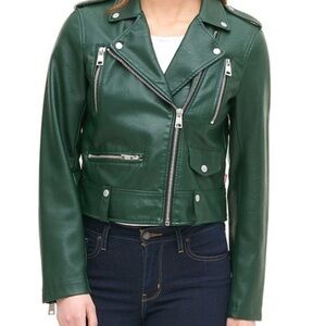 Feicui Women’s Forest Green Leather Biker Jacket